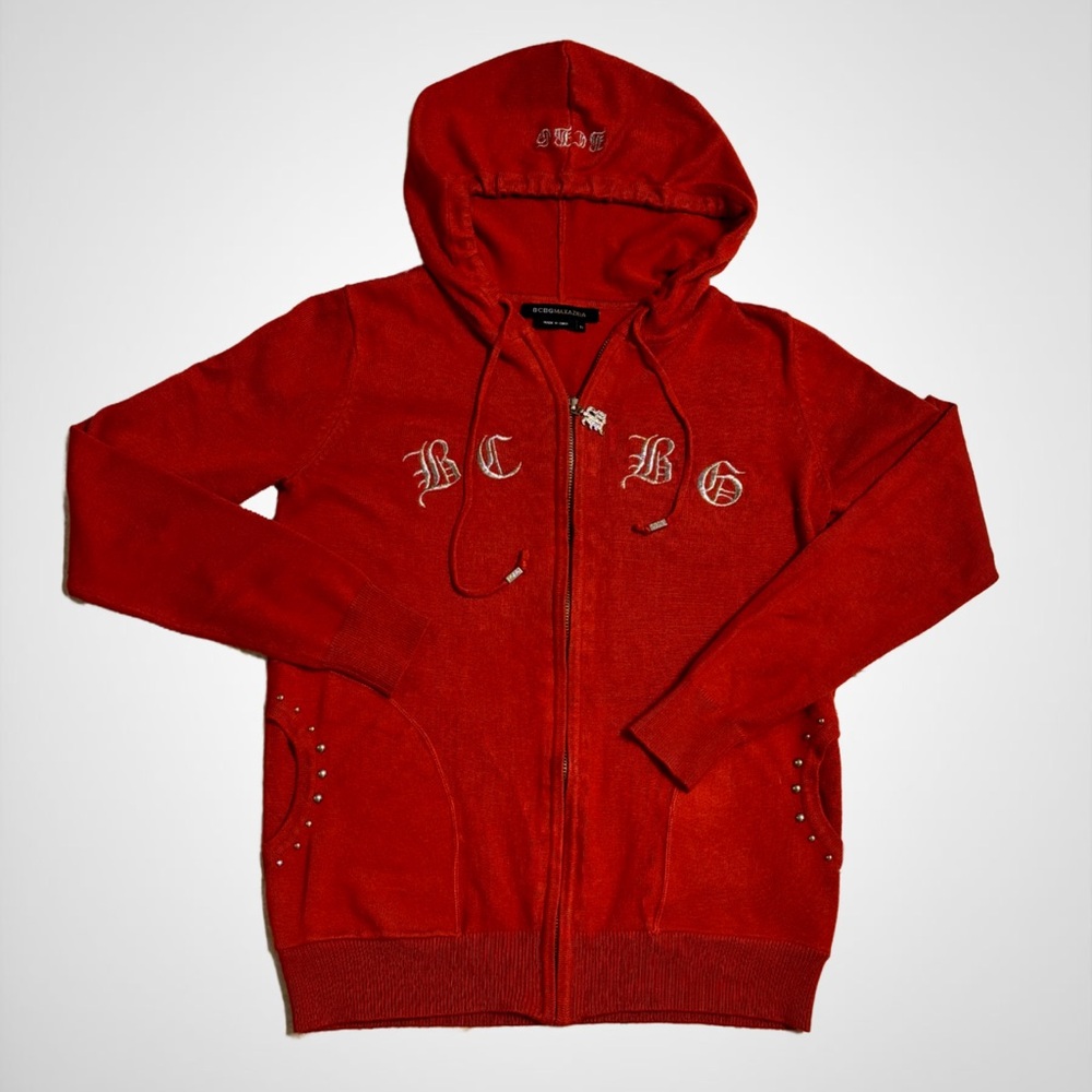 BCBGMAXAZRIA RED FULL ZIP HOODIE W/ EMBELLISHMENTS & EMBROIDERY